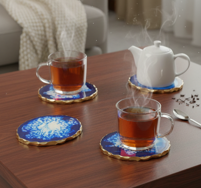 Resin Coasters - Blue/Gold - Pack of 4