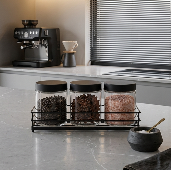 Set of 3 Jars with Stand - Black