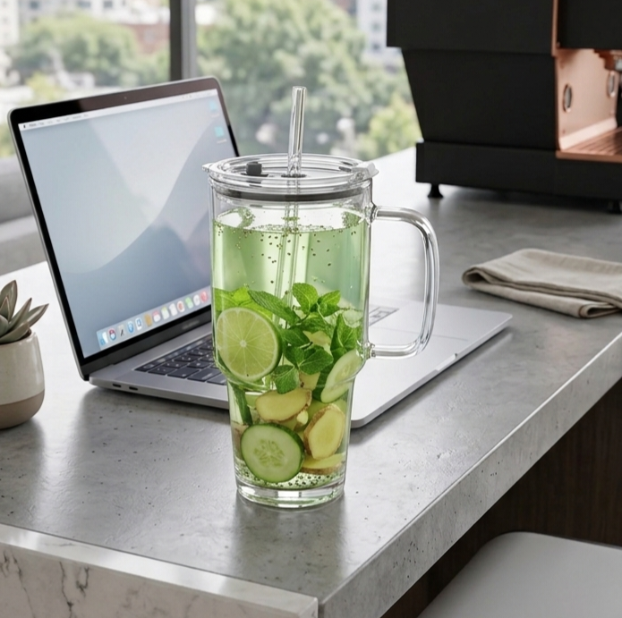 1L Glass Tumbler With Straw