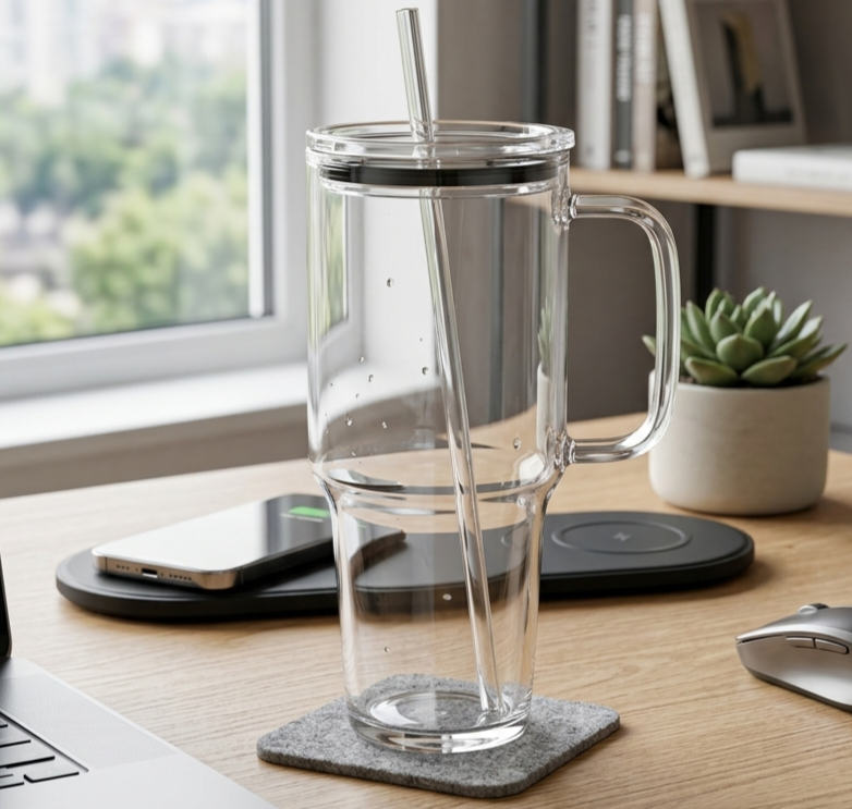1L Glass Tumbler With Straw